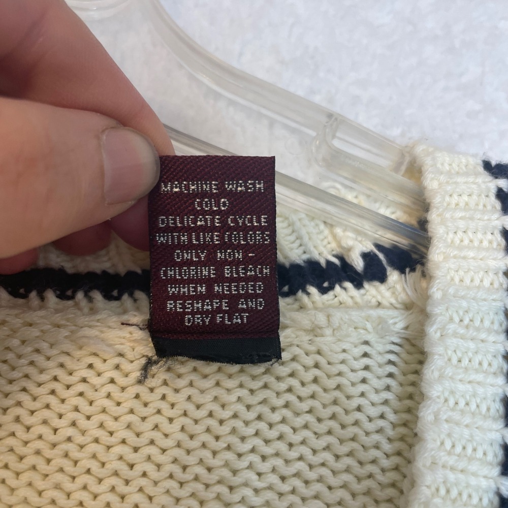 John Ashford Mens Cream Cotton Knit Cardigan Sweater Navy Trim Large 483 - Picture 7 of 9
